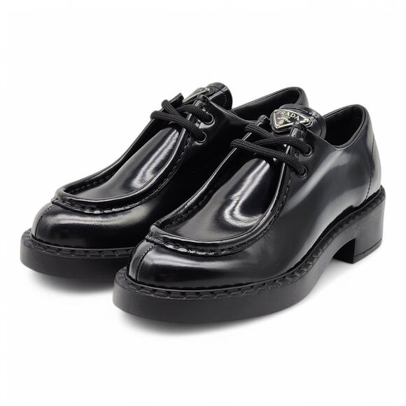 Prada Triangle Logo Lace-Up Shoes - Brushed Leather - Black 36.5 6US $1200 - Picture 2 of 7